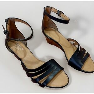 FRANCO SARTO Size 6.5 BLACK, LEATHER OPEN TOE SANDAL ANKLE STRAP WITH WEDGE